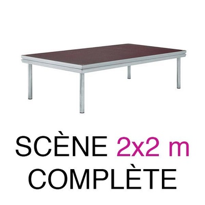 Location d'une scène complète 2x2 mètres, hauteur 40 cm avec habillage, jupe de scène et marches.