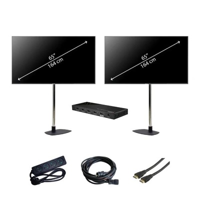 Location de deux écrans 65" avec pied de support, câbles et splitter HDMI.