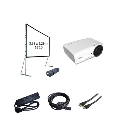 Location d'un pack comprenant un écran de projection mobile surs cadre de 3,66m x 2,29m et un vidéoprojecteur Vivitek 5000 lumens. Livraison et installation à Paris et dans toute l'Ile de France