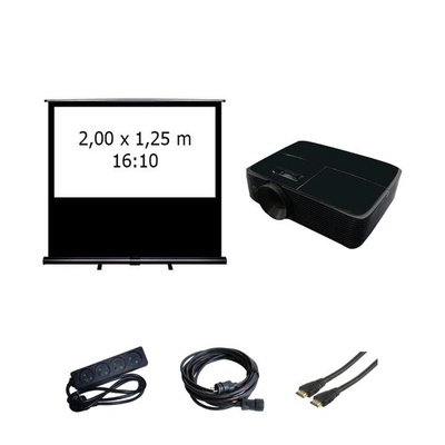 Location d'un pack comprenant un écran de projection déroulant sur support de 2m x 1,25m et un vidéoprojecteur. Livraison et installation à Paris et dans toute l'Ile de France