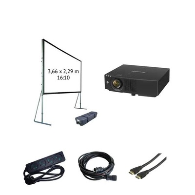 Location d'un pack comprenant un écran de projection mobile surs cadre de 3,66m x 2,29m et un vidéoprojecteur PANASONIC 8000 lumens. Livraison et installation à Paris et dans toute l'Ile de France